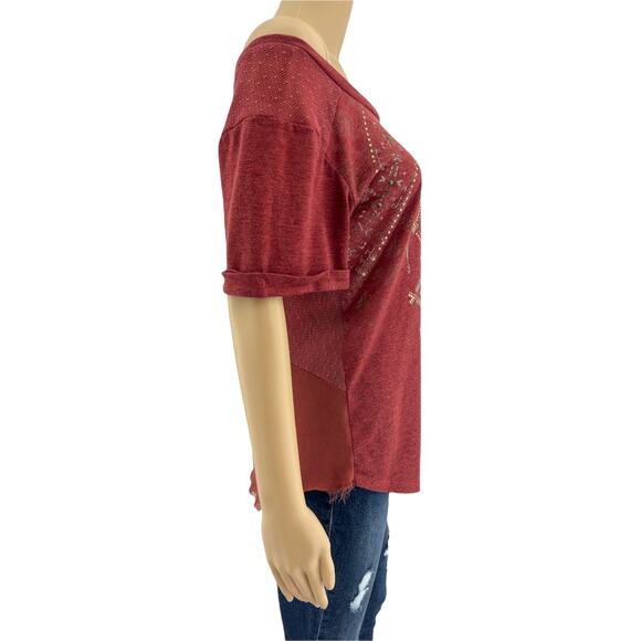 Miss Me MEDIUM Rustic Red Studded Southwestern Sheer Mesh Back Tee Shirt - Picture 4 of 9